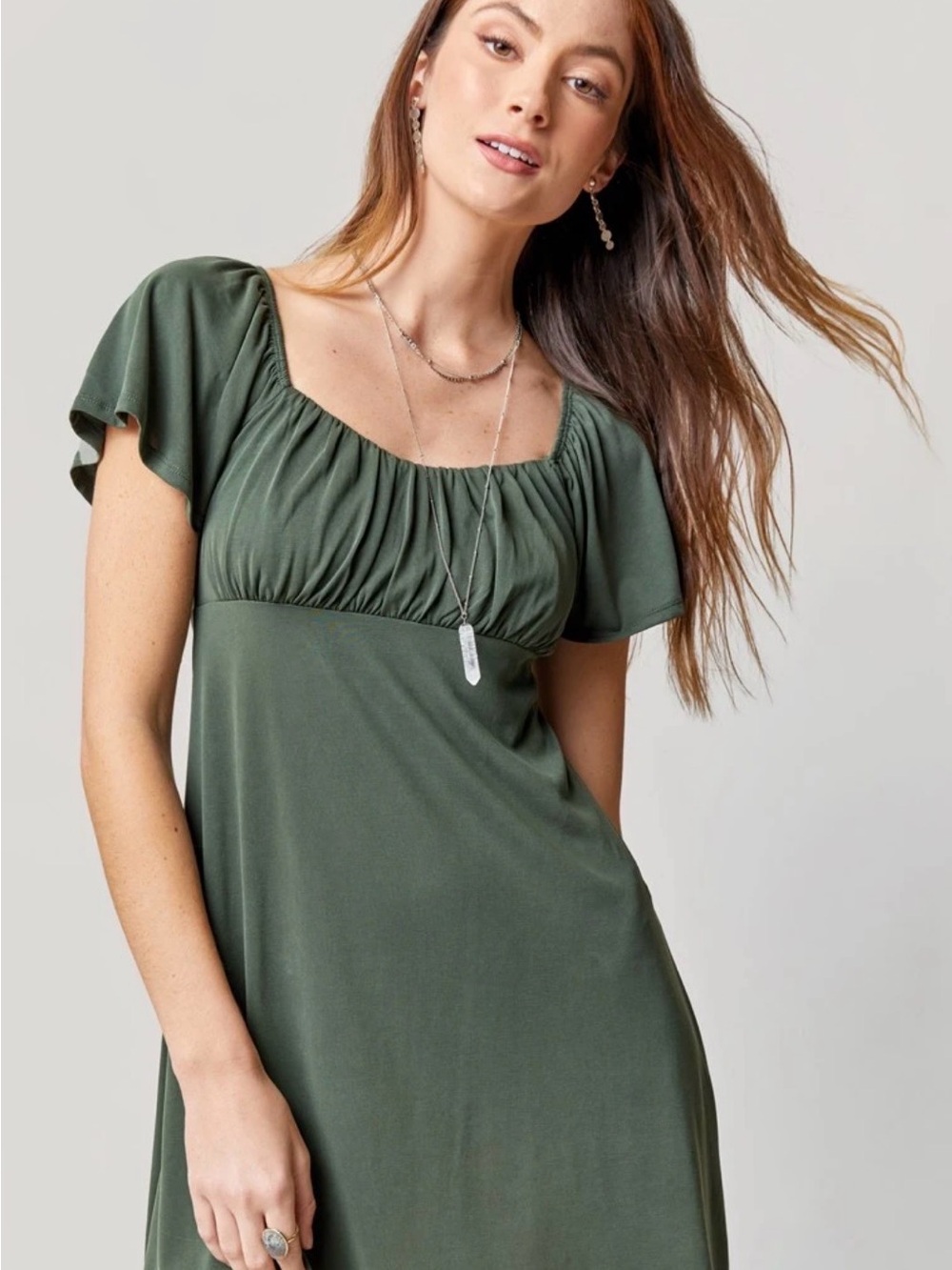 Blue Rain Olive Green Flutter Sleeve Tunic
